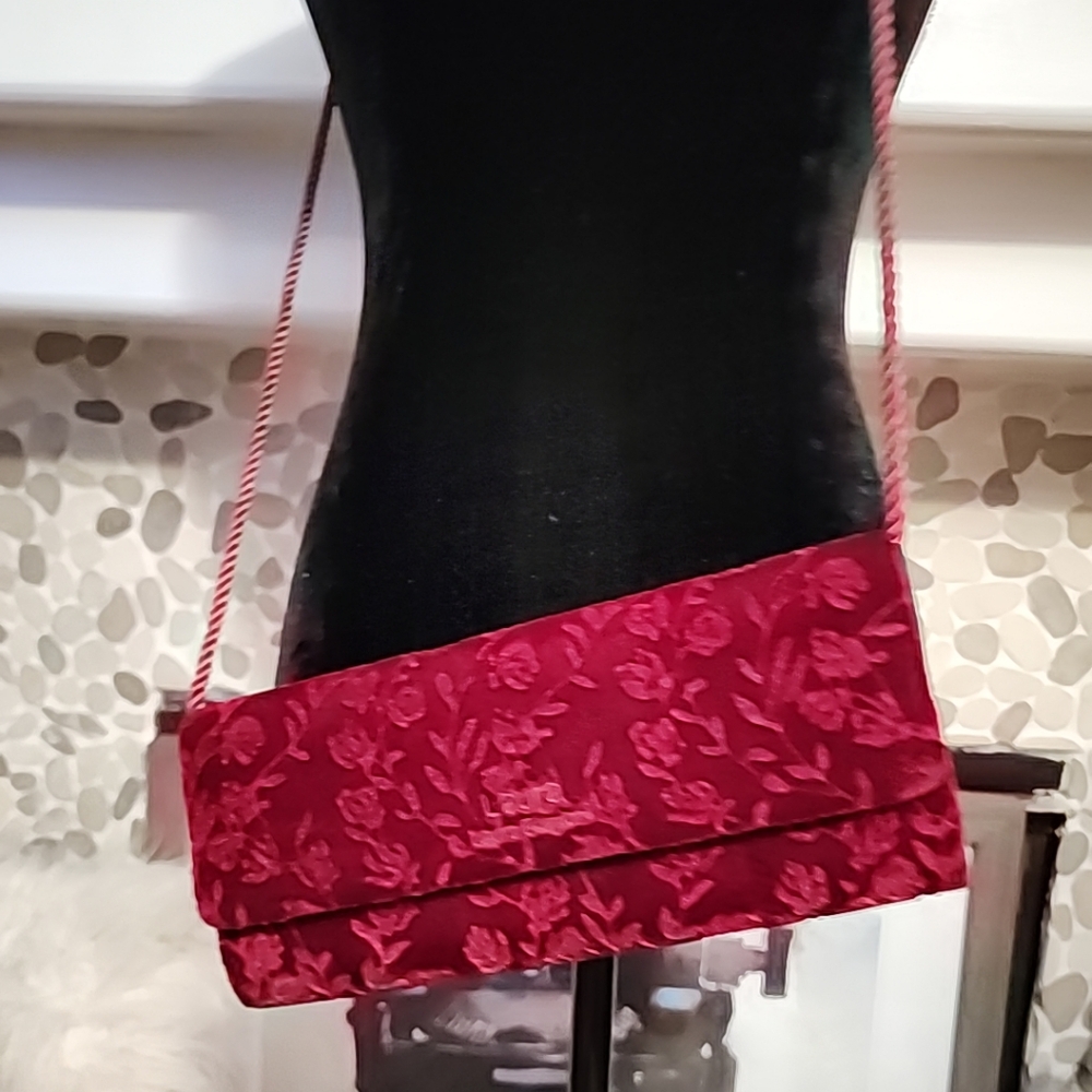 Laura Biagiotti Velvet Cross-body Burgandy Bag, Rose Pattern Imprint Appr 10x4.5 - Picture 2 of 16